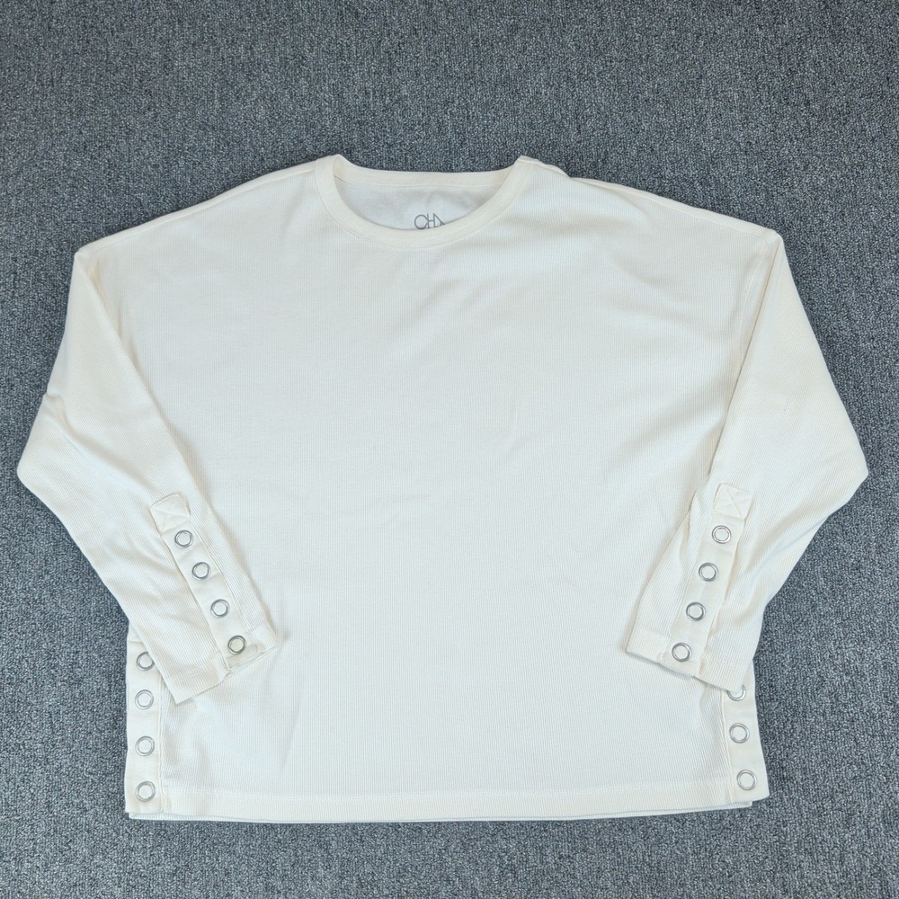 Chaser Anthropologie Minimalist Snap Button Ribbed Thermal Top Women L Cream